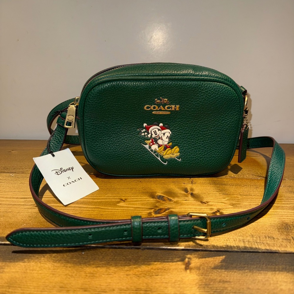 Coach x Disney Mickey Minnie Christmas Camera Bag Dark Pine Green Leather NWT